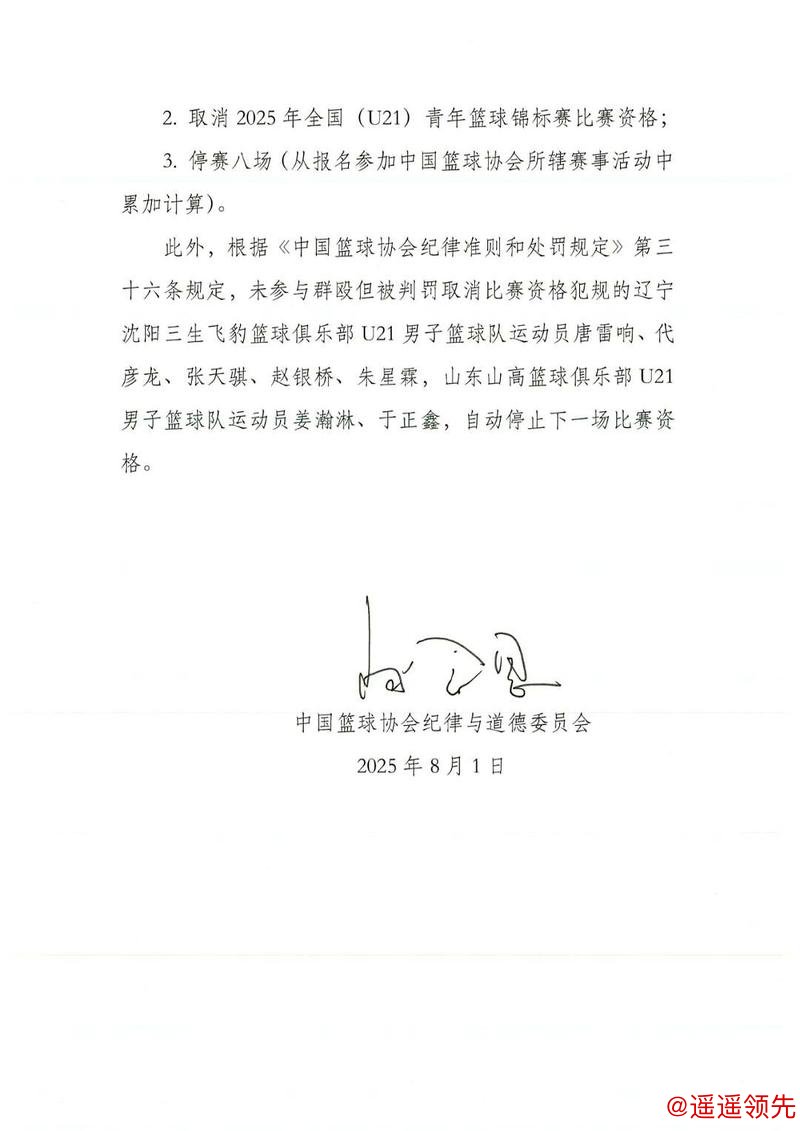 中国篮协发布U21群殴事件处罚通知：4名球员停赛3年
