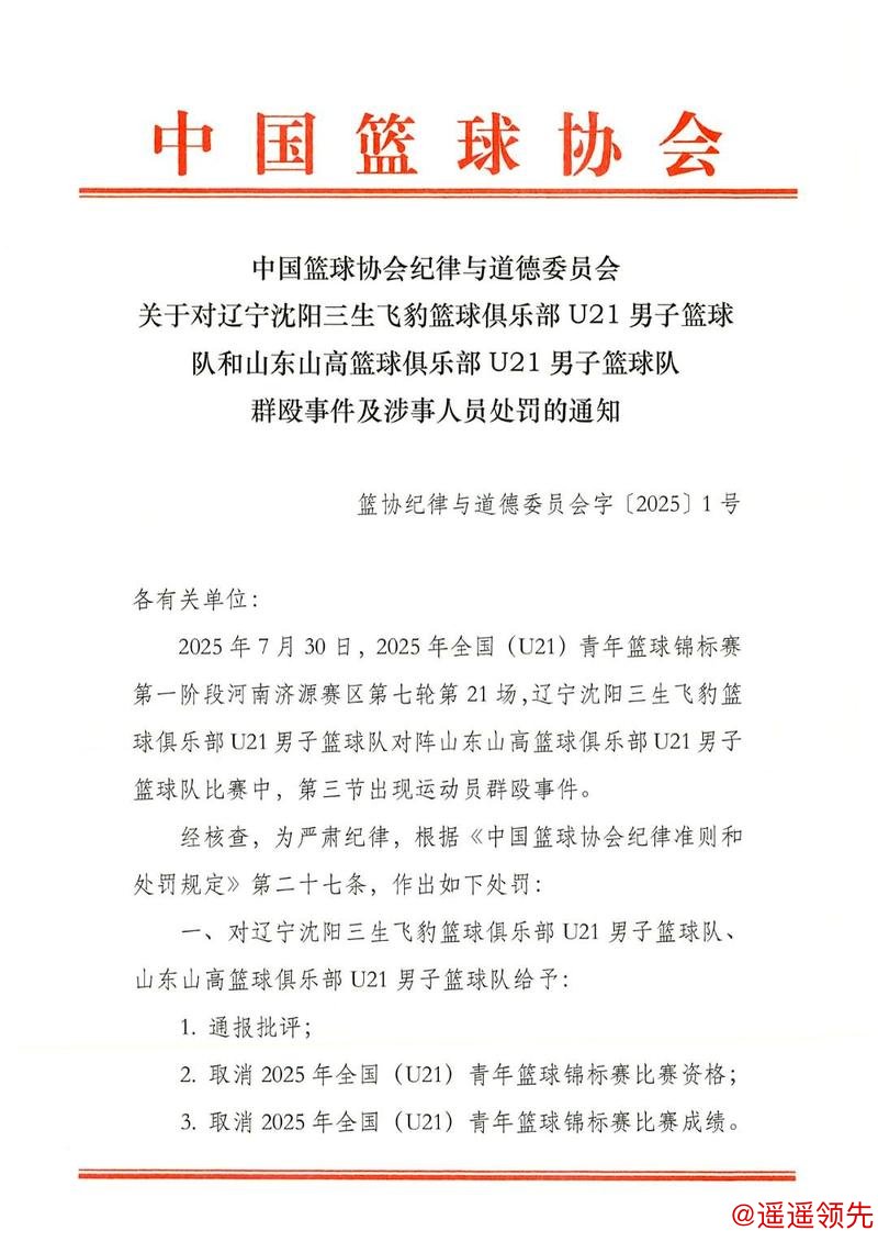 中国篮协发布U21群殴事件处罚通知：4名球员停赛3年